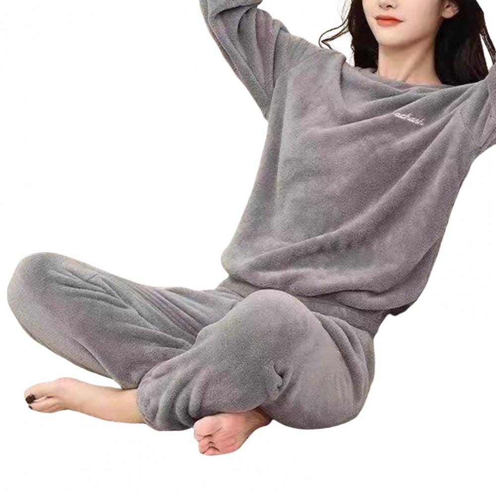 2 Pcs/Set Women Pajamas Set Loose Solid Color Long Sleeves Round Neck