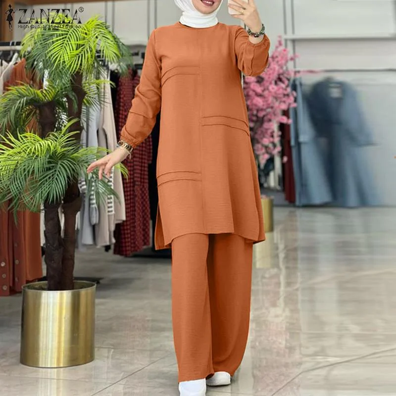 2 Piece Set Muslim Women Casual Long Sleeve Tops Blouse Wide Leg