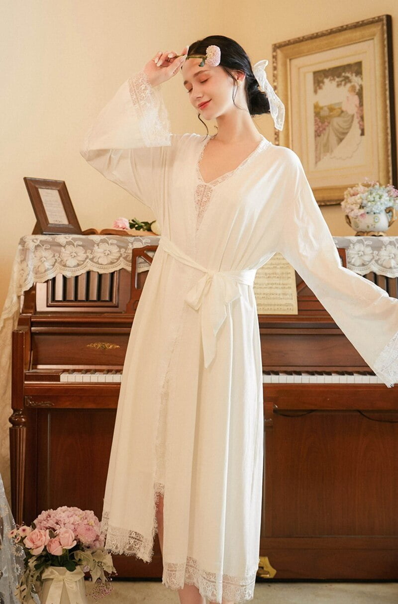 2 Piece Women Nightdress Set Lace Gown Vintage Elegant Nightgown