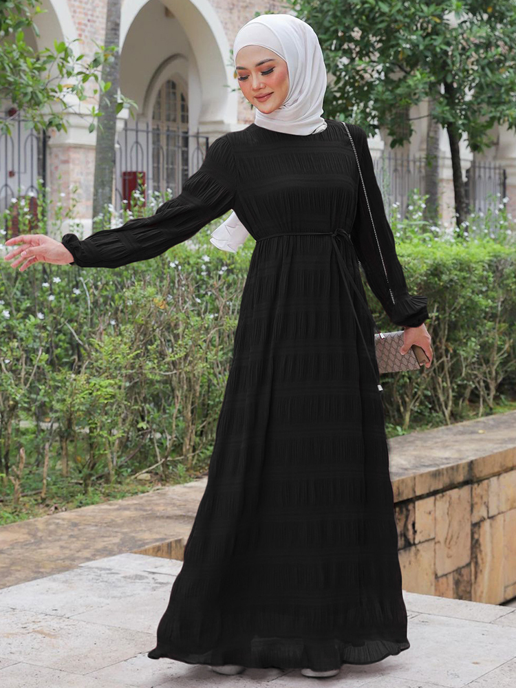 Pleated Party Modest Dress Chiffon Abaya Solid Color Casual 2023 - I Shop  Turkey