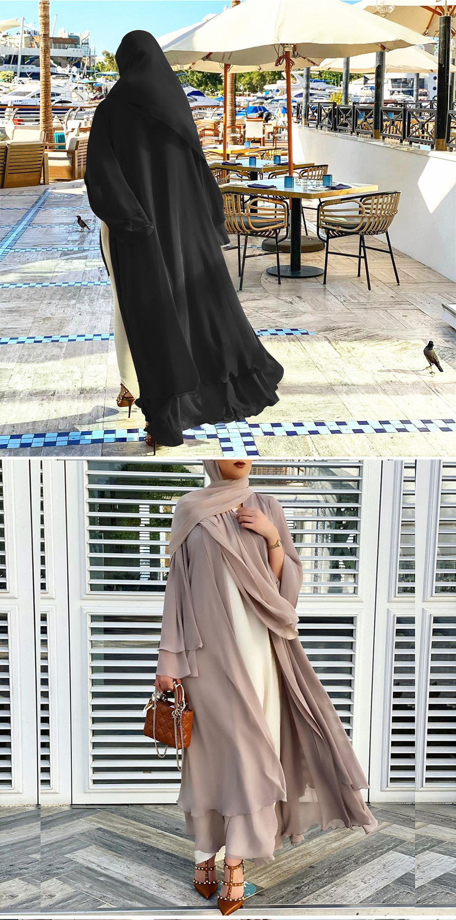 Abayas For Women Muslim Long Sleeve Chiffon Maxi Cardigan Dress+Hijab Soild  Color Turkey Kaftan Full Length Modest Robe Casual Islamic Clothes Loose  Dubai Cover Up Dress Army green S at  Women's