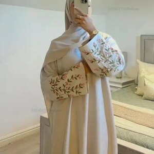 Embroidered Cotton Linen Abaya for Women Muslim Casual Closed Abayas Dubai Turkish Hijab Dress Ramadan Islamic Clothing Kaftan