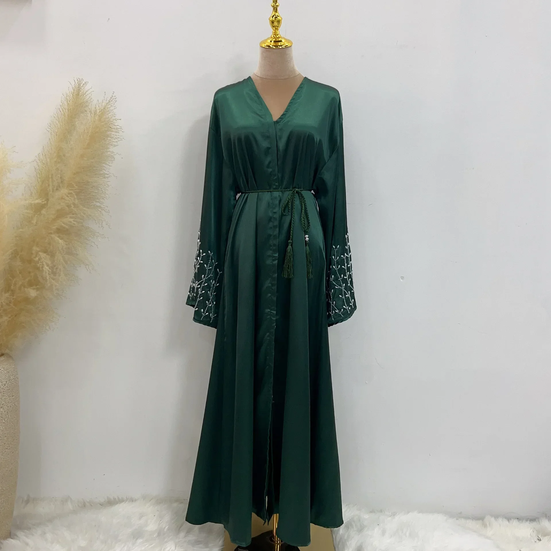 Summer Open Abaya Kimono Dubai Party Kaftan Solid Beaded Muslim Fashion Hijab Dress Abayas for Women Turkey Islam Modest Outfit