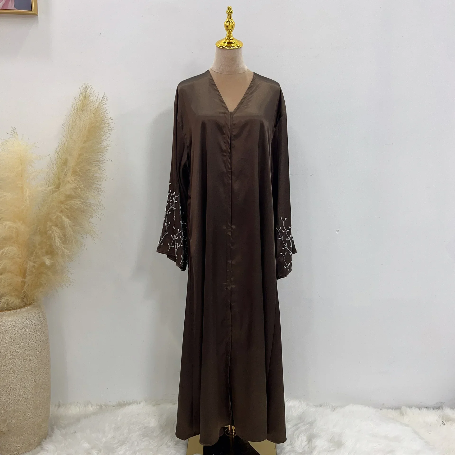 Summer Open Abaya Kimono Dubai Party Kaftan Solid Beaded Muslim Fashion Hijab Dress Abayas for Women Turkey Islam Modest Outfit