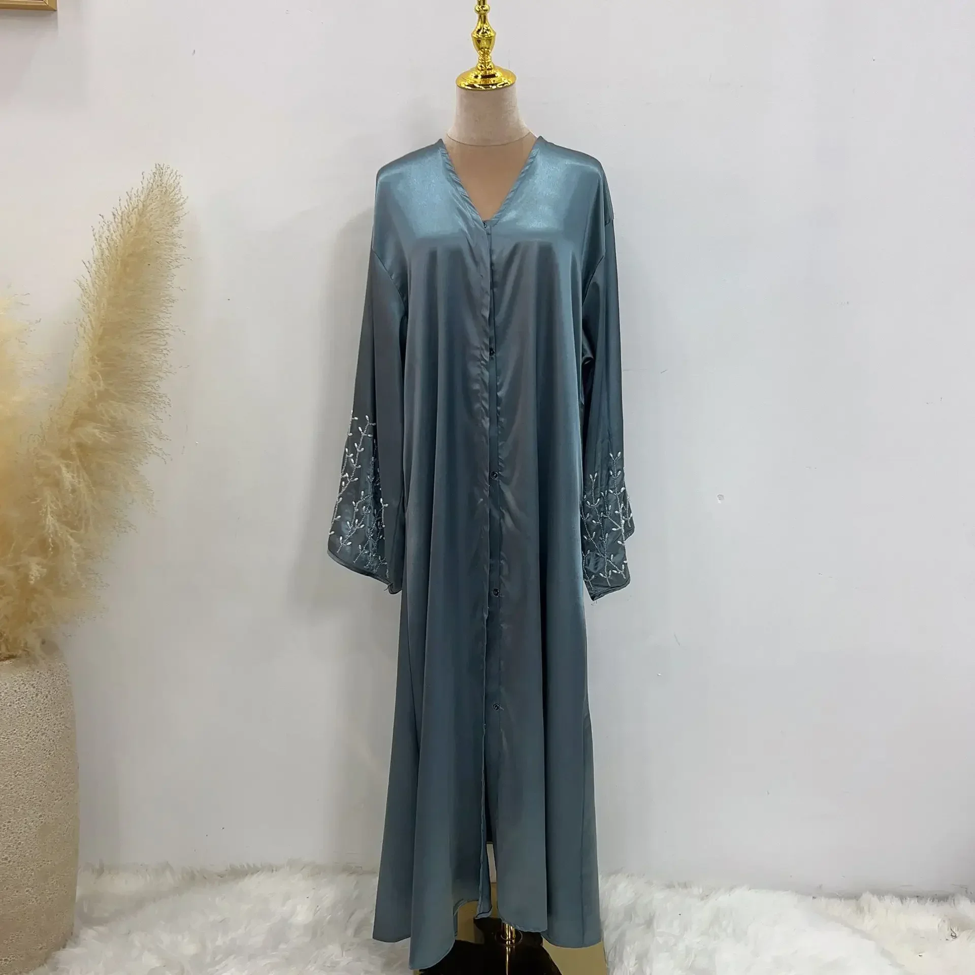 Summer Open Abaya Kimono Dubai Party Kaftan Solid Beaded Muslim Fashion Hijab Dress Abayas for Women Turkey Islam Modest Outfit