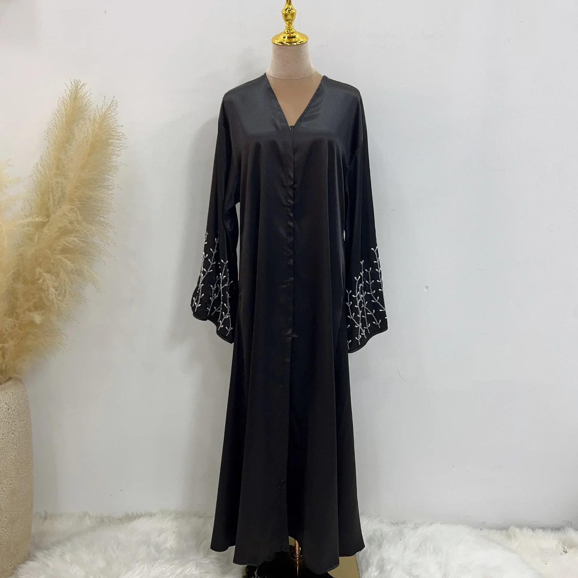 Summer Open Abaya Kimono Dubai Party Kaftan Solid Beaded Muslim Fashion Hijab Dress Abayas for Women Turkey Islam Modest Outfit