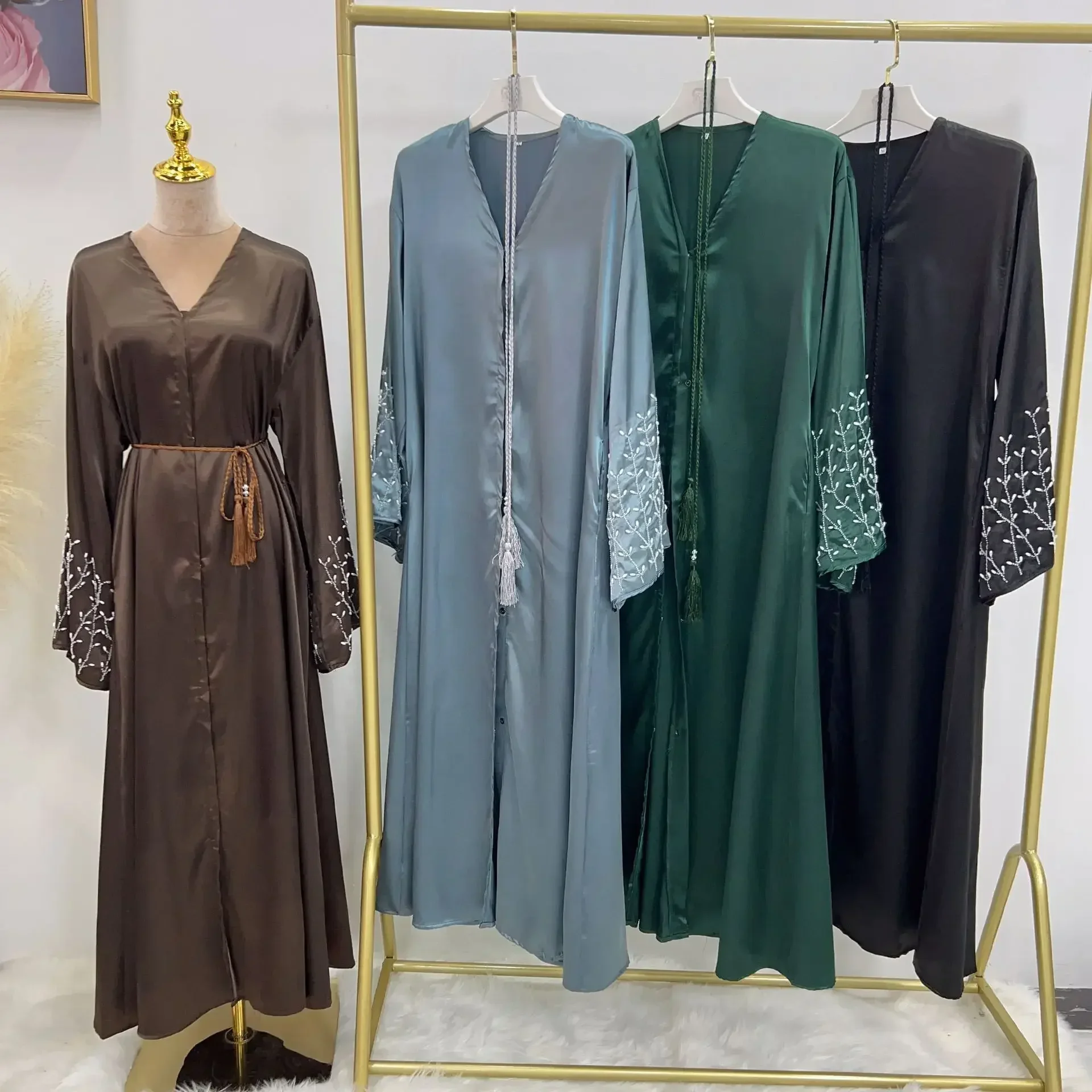 Summer Open Abaya Kimono Dubai Party Kaftan Solid Beaded Muslim Fashion Hijab Dress Abayas for Women Turkey Islam Modest Outfit