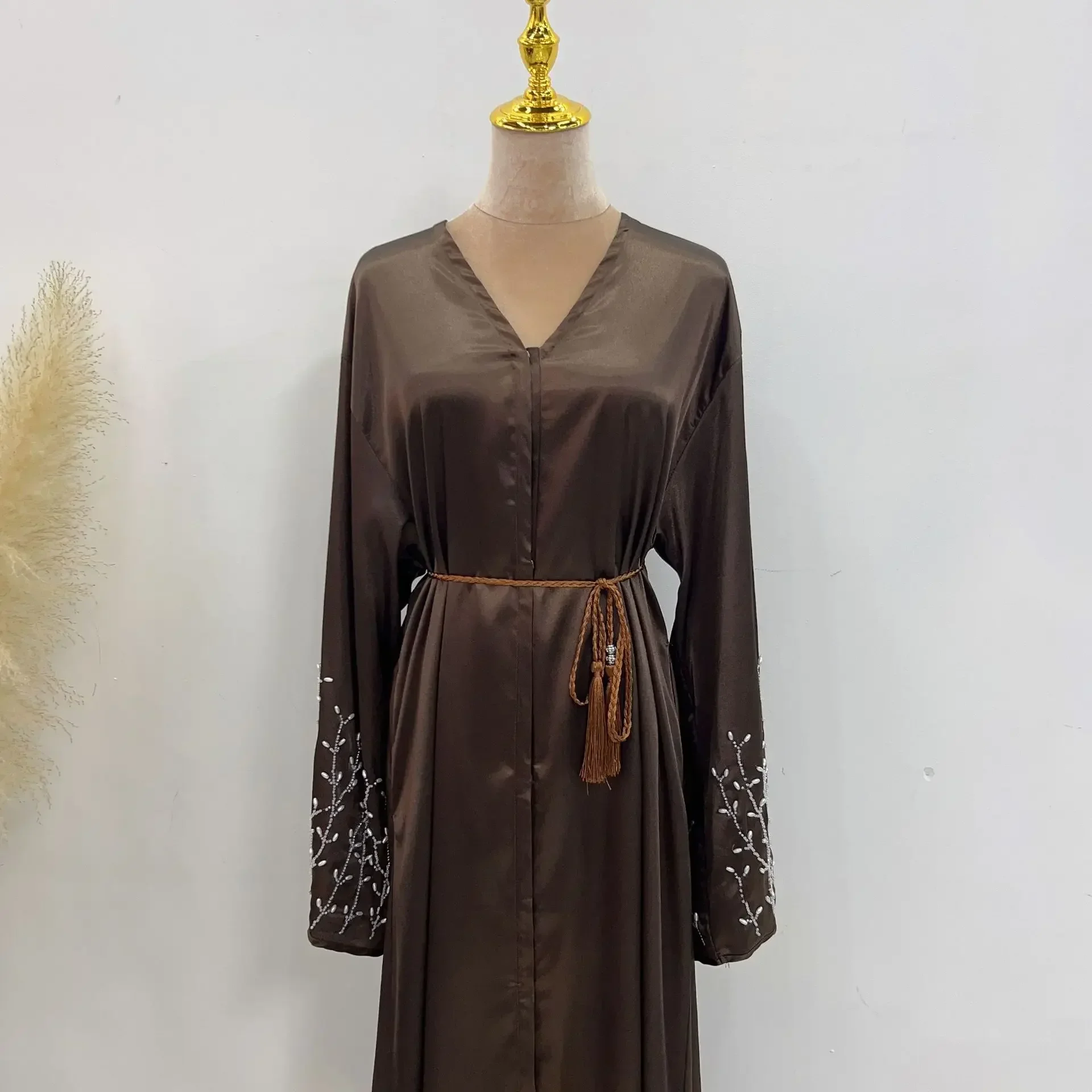 Summer Open Abaya Kimono Dubai Party Kaftan Solid Beaded Muslim Fashion Hijab Dress Abayas for Women Turkey Islam Modest Outfit