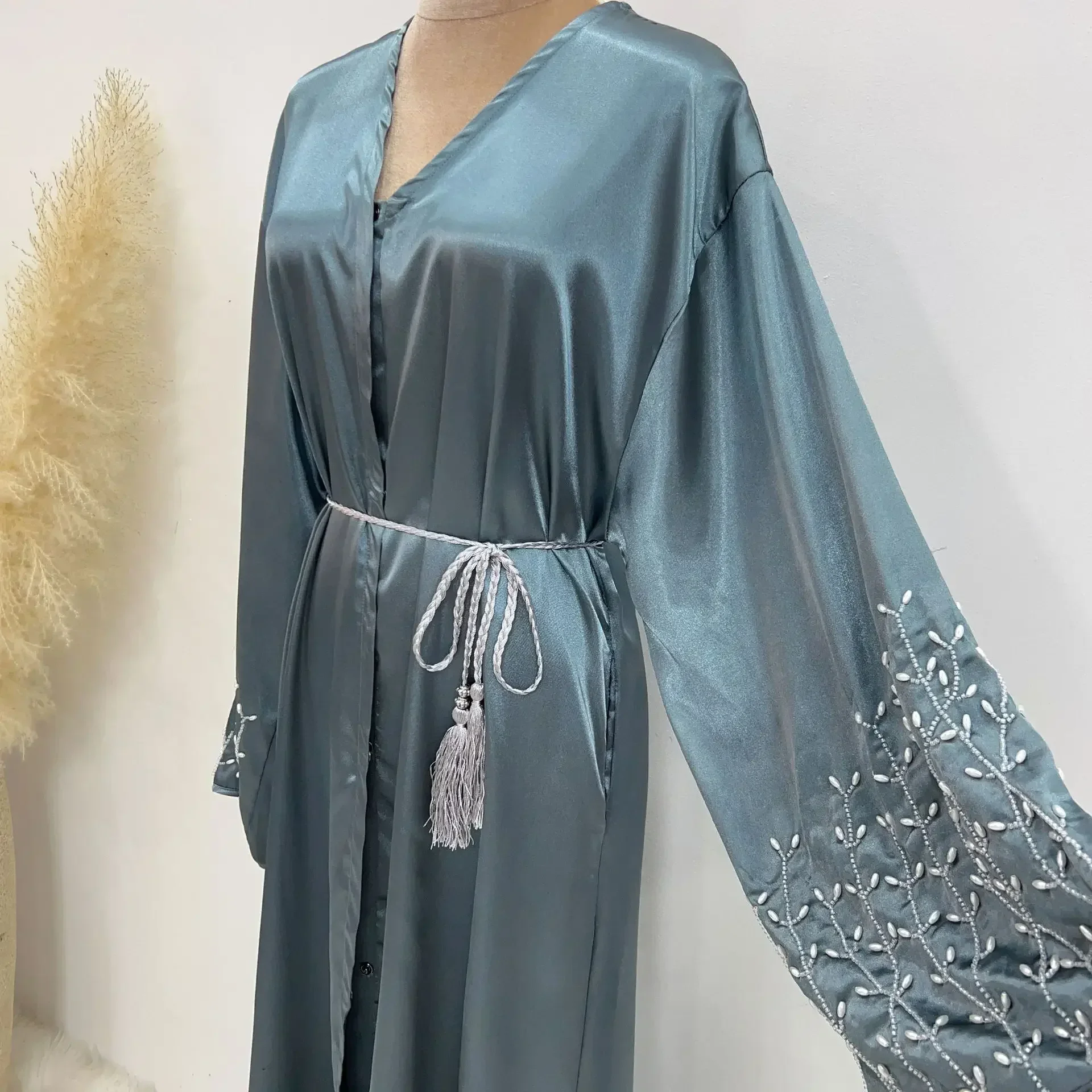 Summer Open Abaya Kimono Dubai Party Kaftan Solid Beaded Muslim Fashion Hijab Dress Abayas for Women Turkey Islam Modest Outfit