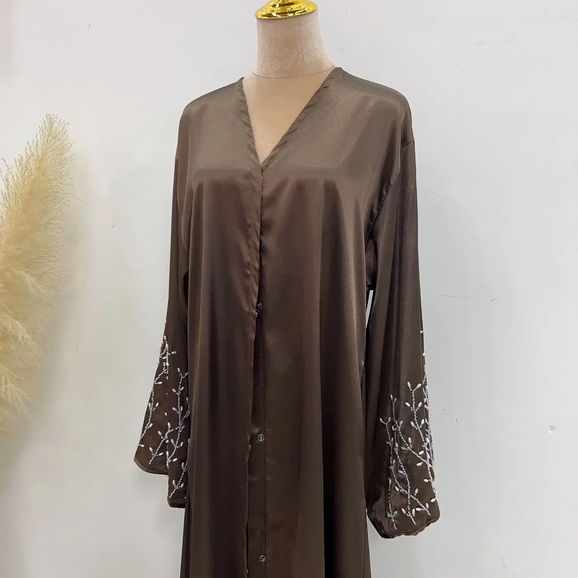 Summer Open Abaya Kimono Dubai Party Kaftan Solid Beaded Muslim Fashion Hijab Dress Abayas for Women Turkey Islam Modest Outfit