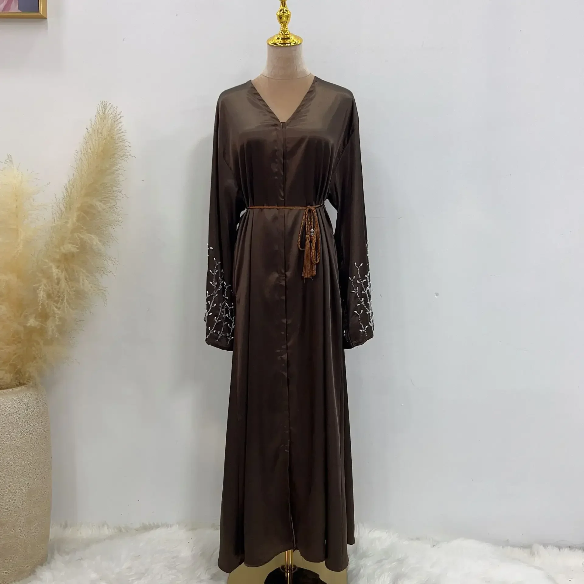 Summer Open Abaya Kimono Dubai Party Kaftan Solid Beaded Muslim Fashion Hijab Dress Abayas for Women Turkey Islam Modest Outfit