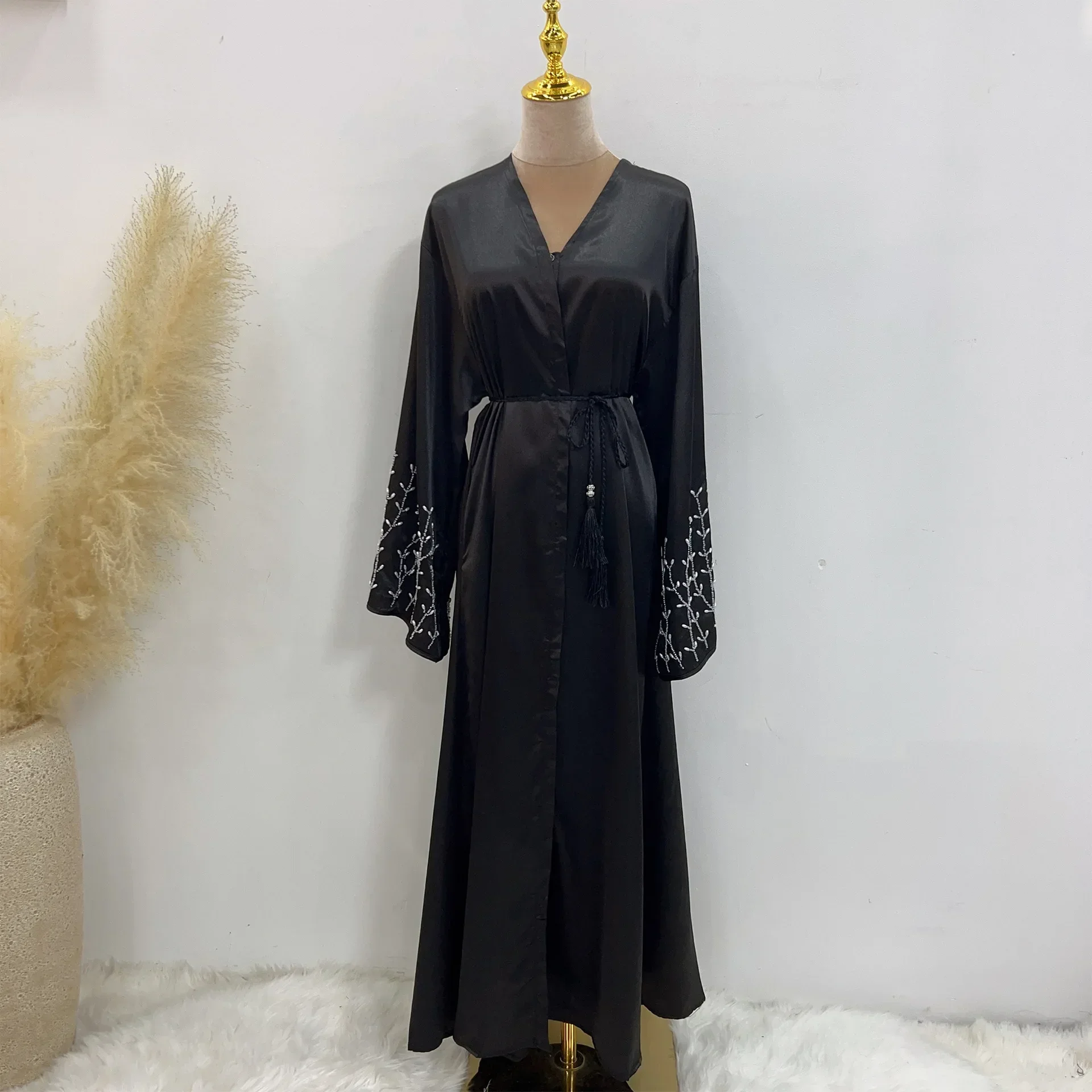 Summer Open Abaya Kimono Dubai Party Kaftan Solid Beaded Muslim Fashion Hijab Dress Abayas for Women Turkey Islam Modest Outfit