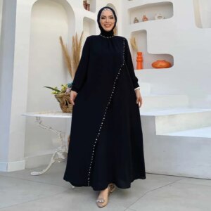 Eid Black Abaya with Beaded Diamond Abayas Dubai Luxury Turkish African Dresses Autumn Winter Islamic Clothes for Muslim Women