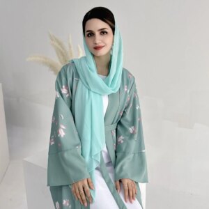Alternative view of Floral Print Turkish Abaya Kimono Solid Color Islamic Clothing Dubai Elegant Muslim Woman Outfits Ramadan Eid Party Open Abayas