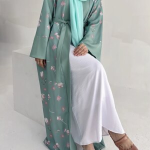 Floral Print Turkish Abaya Kimono Solid Color Islamic Clothing Dubai Elegant Muslim Woman Outfits Ramadan Eid Party Open Abayas