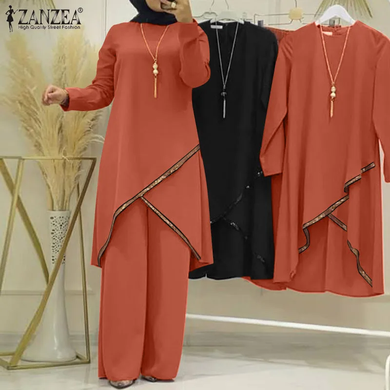 Autumn Muslim Sets Long Sleeve O-Neck turkish Blouse Wide Leg Pant Suit ZANZEA Casual Solid Women Matching Set Ladies Outfits Autumn Muslim Sets Long Sleeve O-Neck turkish Blouse Wide Leg Pant Suit ZANZEA Casual Solid Women Matching Set Ladies Outfits