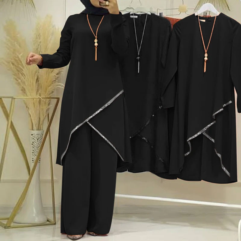 Autumn Muslim Sets Long Sleeve O-Neck turkish Blouse Wide Leg Pant Suit ZANZEA Casual Solid Women Matching Set Ladies Outfits Autumn Muslim Sets Long Sleeve O-Neck turkish Blouse Wide Leg Pant Suit ZANZEA Casual Solid Women Matching Set Ladies Outfits