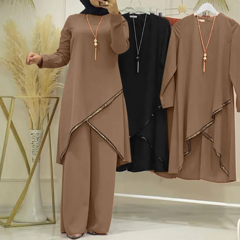 Autumn Muslim Sets Long Sleeve O-Neck turkish Blouse Wide Leg Pant Suit ZANZEA Casual Solid Women Matching Set Ladies Outfits Autumn Muslim Sets Long Sleeve O-Neck turkish Blouse Wide Leg Pant Suit ZANZEA Casual Solid Women Matching Set Ladies Outfits