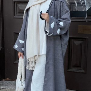 Alternative view of Elegant Women Muslim Love Embroidery Open Abaya Dubai Cardigan Maxi Dress Kimono Turkey Arab Robe Islam Eid Party Jalabiya Gowns