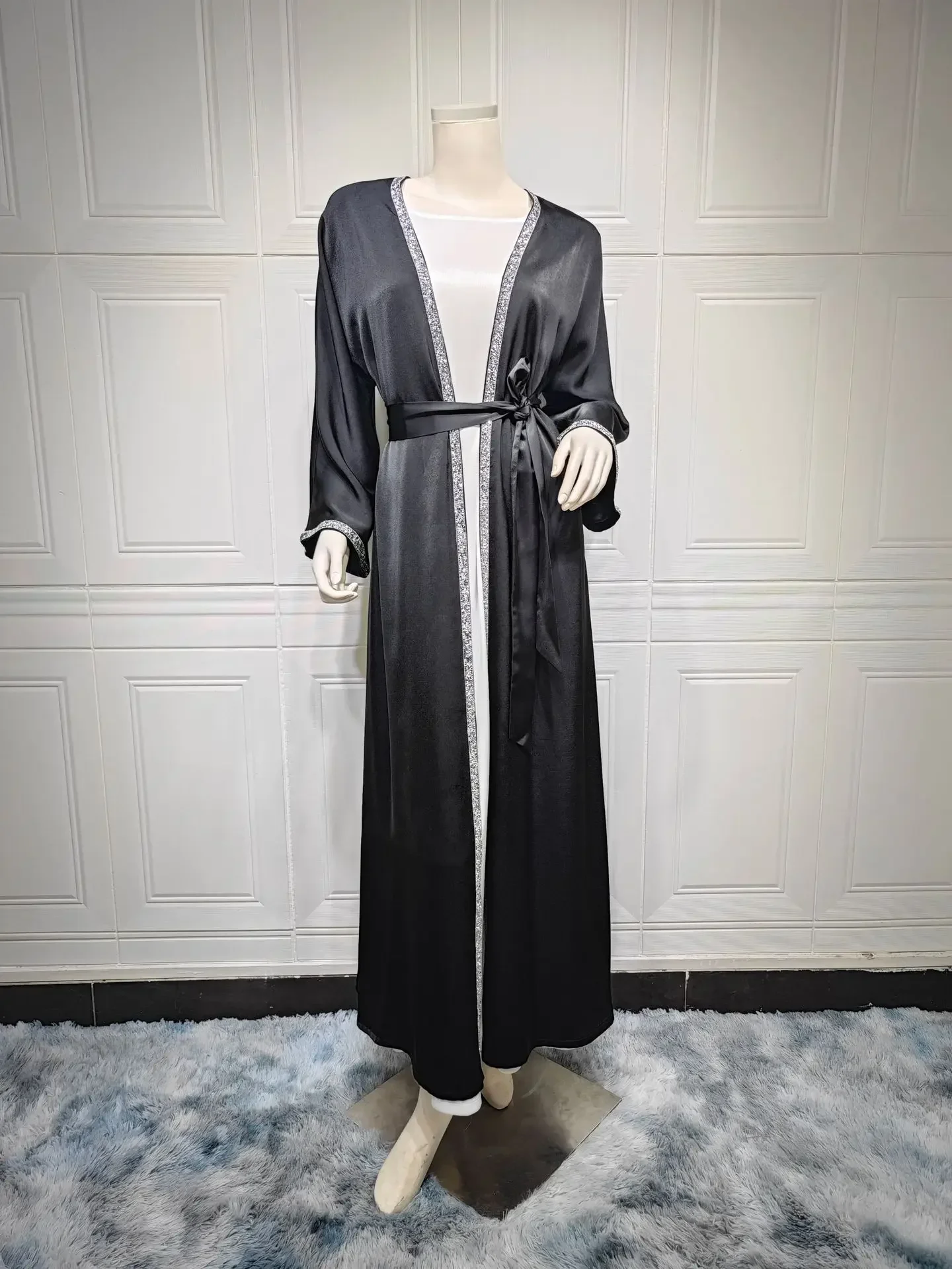 Satin Open Abaya Dubai Turkey Muslim Modest Dress for Women Rhinestone Moroccan Kaftan Robe Islam Outwear Kimono Femme Musulmane Satin Open Abaya Dubai Turkey Muslim Modest Dress for Women Rhinestone Moroccan Kaftan Robe Islam Outwear Kimono Femme Musulmane