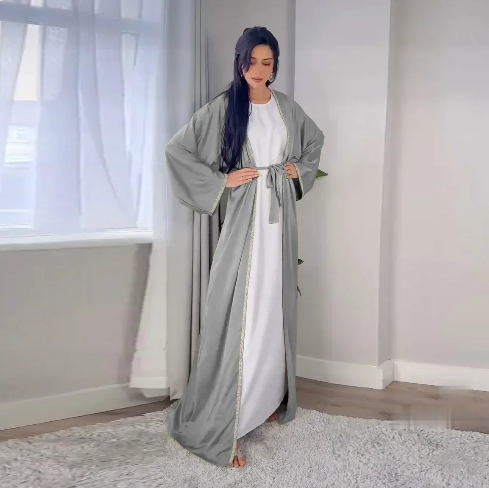 Satin Open Abaya Dubai Turkey Muslim Modest Dress for Women Rhinestone Moroccan Kaftan Robe Islam Outwear Kimono Femme Musulmane Satin Open Abaya Dubai Turkey Muslim Modest Dress for Women Rhinestone Moroccan Kaftan Robe Islam Outwear Kimono Femme Musulmane