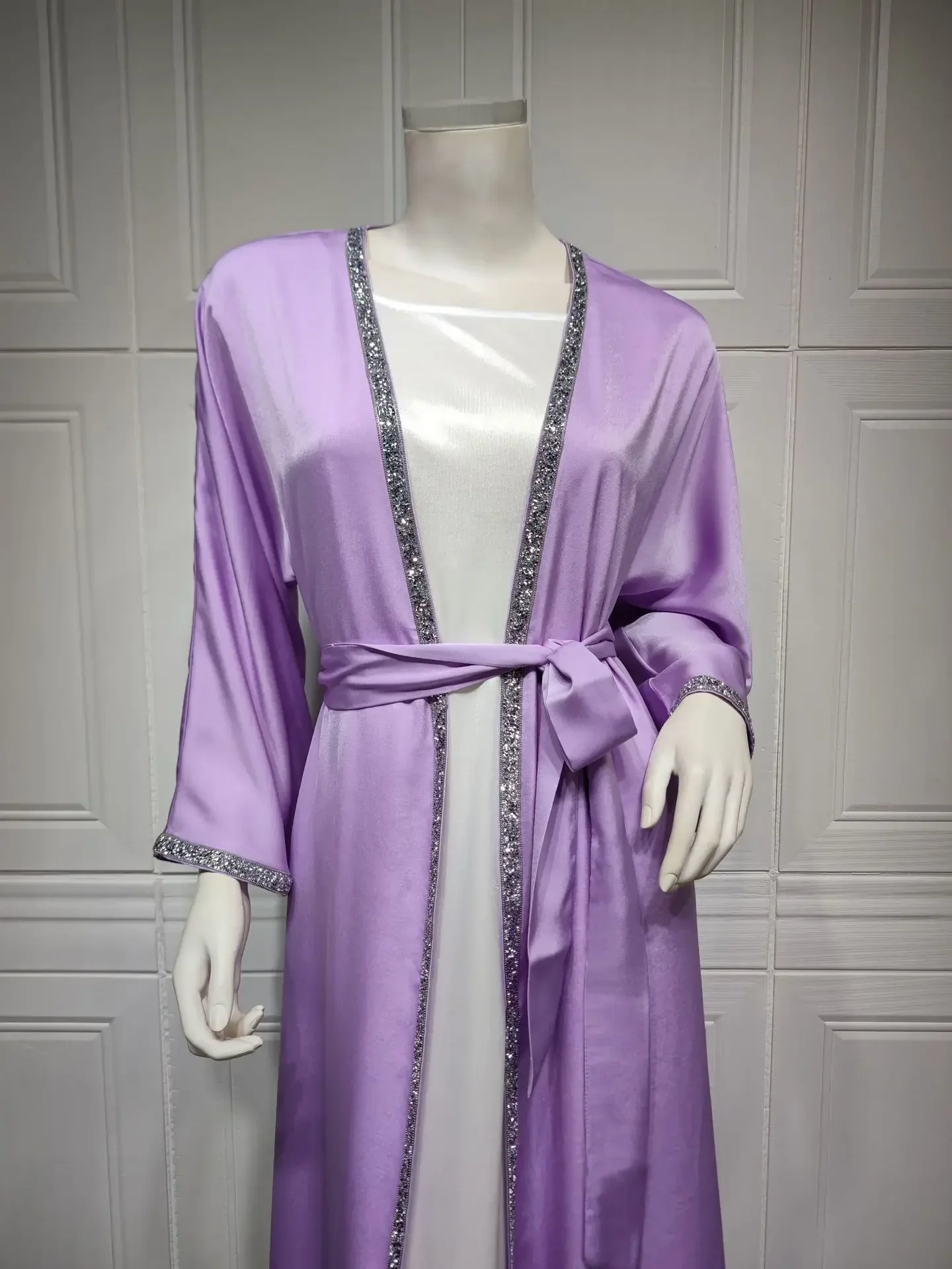 Satin Open Abaya Dubai Turkey Muslim Modest Dress for Women Rhinestone Moroccan Kaftan Robe Islam Outwear Kimono Femme Musulmane Satin Open Abaya Dubai Turkey Muslim Modest Dress for Women Rhinestone Moroccan Kaftan Robe Islam Outwear Kimono Femme Musulmane