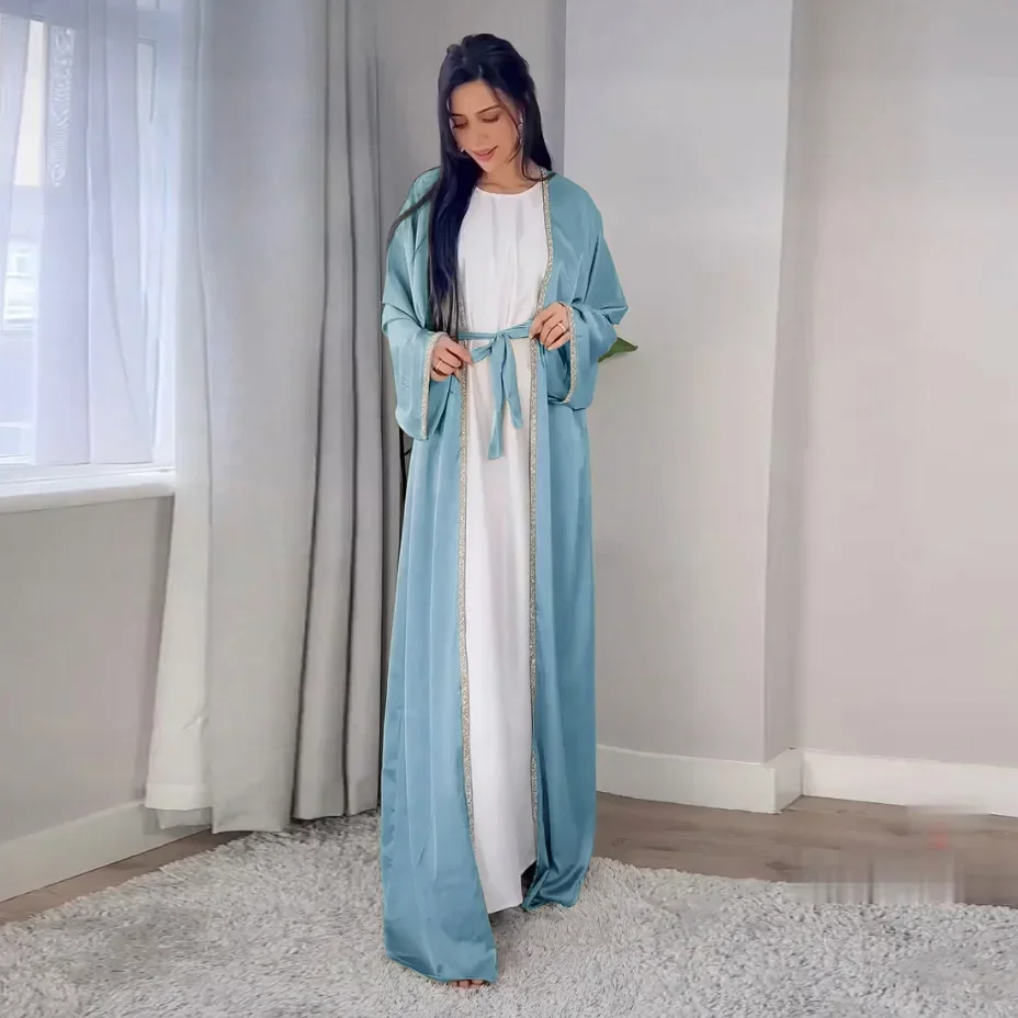 Satin Open Abaya Dubai Turkey Muslim Modest Dress for Women Rhinestone Moroccan Kaftan Robe Islam Outwear Kimono Femme Musulmane Satin Open Abaya Dubai Turkey Muslim Modest Dress for Women Rhinestone Moroccan Kaftan Robe Islam Outwear Kimono Femme Musulmane