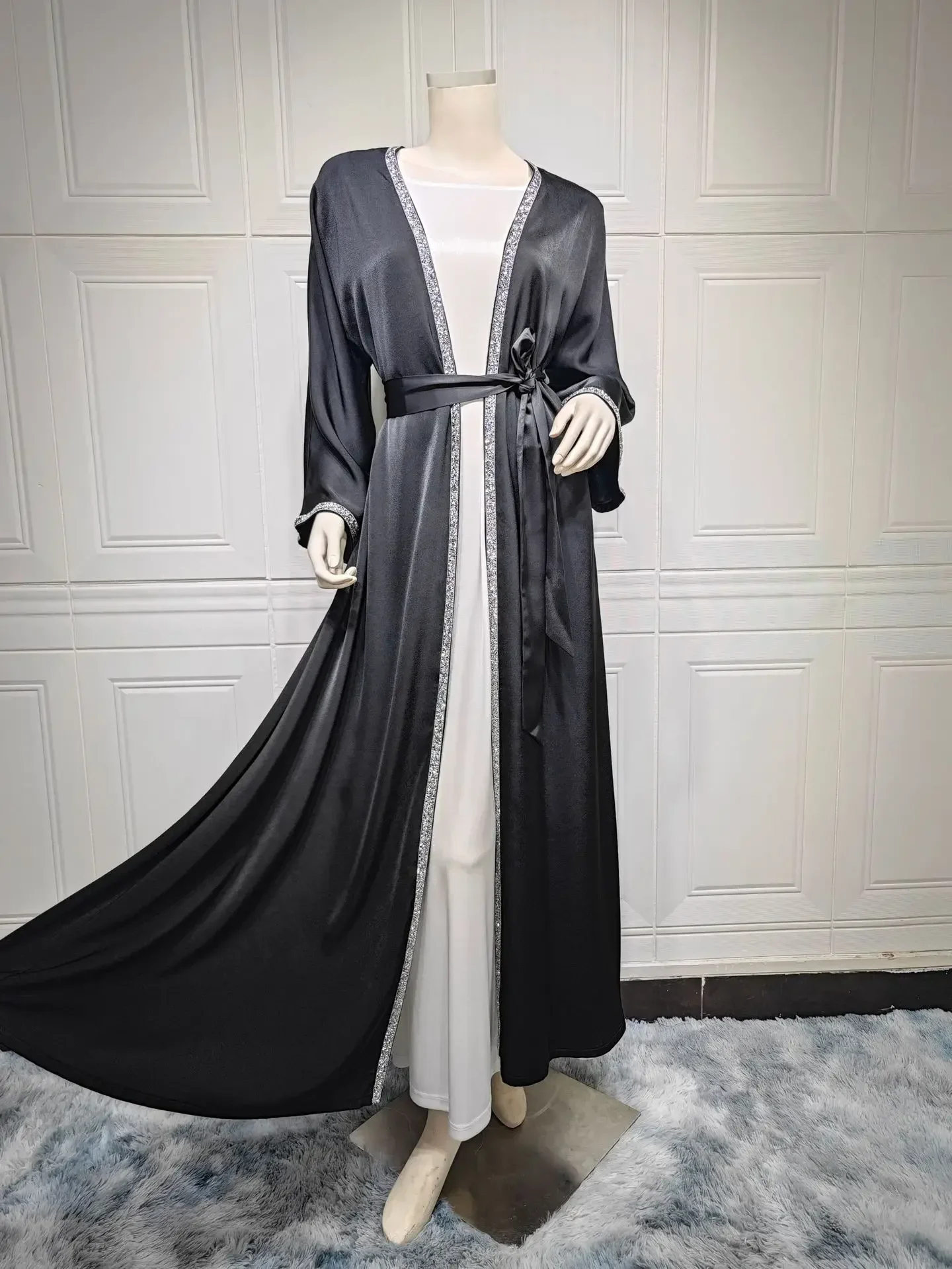 Satin Open Abaya Dubai Turkey Muslim Modest Dress for Women Rhinestone Moroccan Kaftan Robe Islam Outwear Kimono Femme Musulmane Satin Open Abaya Dubai Turkey Muslim Modest Dress for Women Rhinestone Moroccan Kaftan Robe Islam Outwear Kimono Femme Musulmane