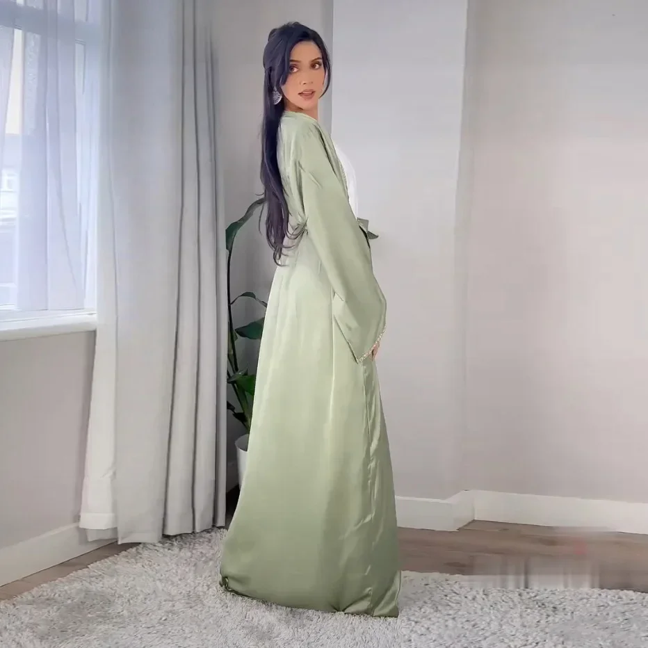Satin Open Abaya Dubai Turkey Muslim Modest Dress for Women Rhinestone Moroccan Kaftan Robe Islam Outwear Kimono Femme Musulmane Satin Open Abaya Dubai Turkey Muslim Modest Dress for Women Rhinestone Moroccan Kaftan Robe Islam Outwear Kimono Femme Musulmane