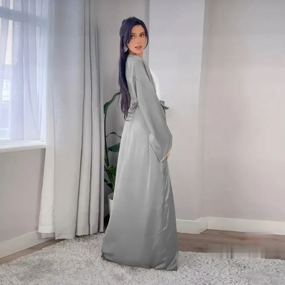 Satin Open Abaya Dubai Turkey Muslim Modest Dress for Women Rhinestone Moroccan Kaftan Robe Islam Outwear Kimono Femme Musulmane Satin Open Abaya Dubai Turkey Muslim Modest Dress for Women Rhinestone Moroccan Kaftan Robe Islam Outwear Kimono Femme Musulmane