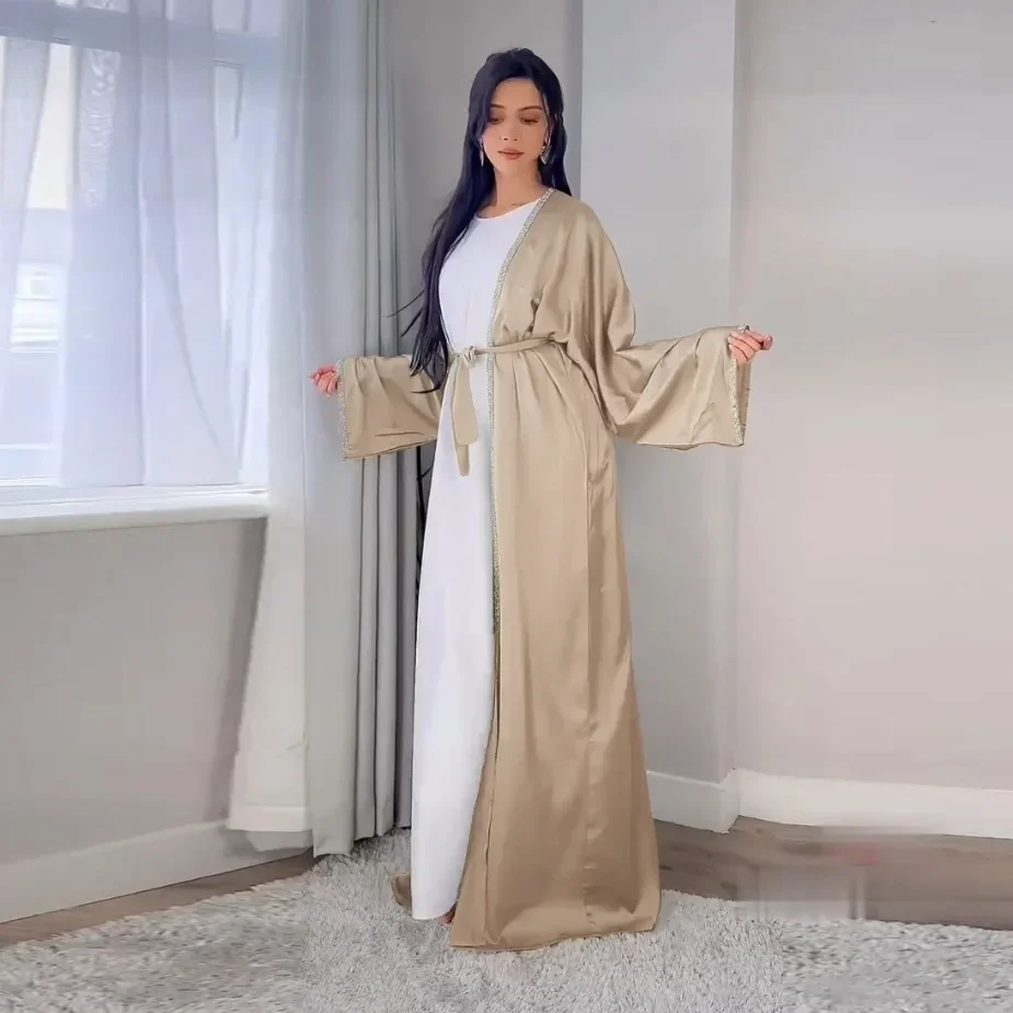 Satin Open Abaya Dubai Turkey Muslim Modest Dress for Women Rhinestone Moroccan Kaftan Robe Islam Outwear Kimono Femme Musulmane Satin Open Abaya Dubai Turkey Muslim Modest Dress for Women Rhinestone Moroccan Kaftan Robe Islam Outwear Kimono Femme Musulmane