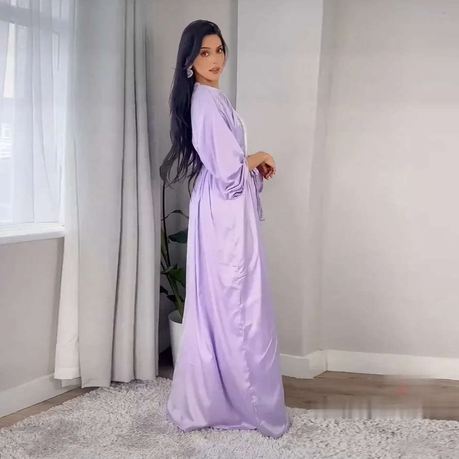 Satin Open Abaya Dubai Turkey Muslim Modest Dress for Women Rhinestone Moroccan Kaftan Robe Islam Outwear Kimono Femme Musulmane Satin Open Abaya Dubai Turkey Muslim Modest Dress for Women Rhinestone Moroccan Kaftan Robe Islam Outwear Kimono Femme Musulmane