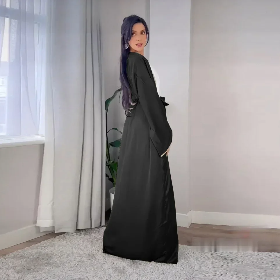 Satin Open Abaya Dubai Turkey Muslim Modest Dress for Women Rhinestone Moroccan Kaftan Robe Islam Outwear Kimono Femme Musulmane Satin Open Abaya Dubai Turkey Muslim Modest Dress for Women Rhinestone Moroccan Kaftan Robe Islam Outwear Kimono Femme Musulmane