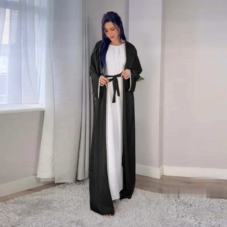 Satin Open Abaya Dubai Turkey Muslim Modest Dress for Women Rhinestone Moroccan Kaftan Robe Islam Outwear Kimono Femme Musulmane Satin Open Abaya Dubai Turkey Muslim Modest Dress for Women Rhinestone Moroccan Kaftan Robe Islam Outwear Kimono Femme Musulmane