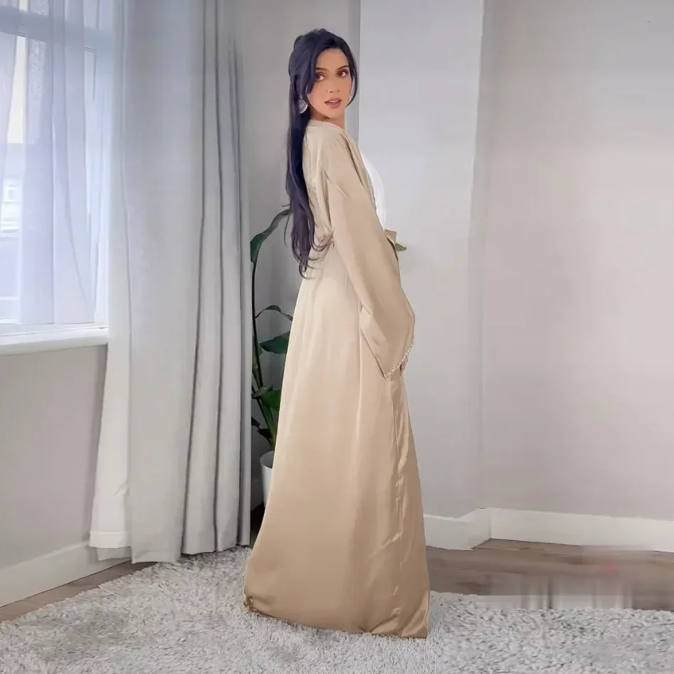 Satin Open Abaya Dubai Turkey Muslim Modest Dress for Women Rhinestone Moroccan Kaftan Robe Islam Outwear Kimono Femme Musulmane Satin Open Abaya Dubai Turkey Muslim Modest Dress for Women Rhinestone Moroccan Kaftan Robe Islam Outwear Kimono Femme Musulmane