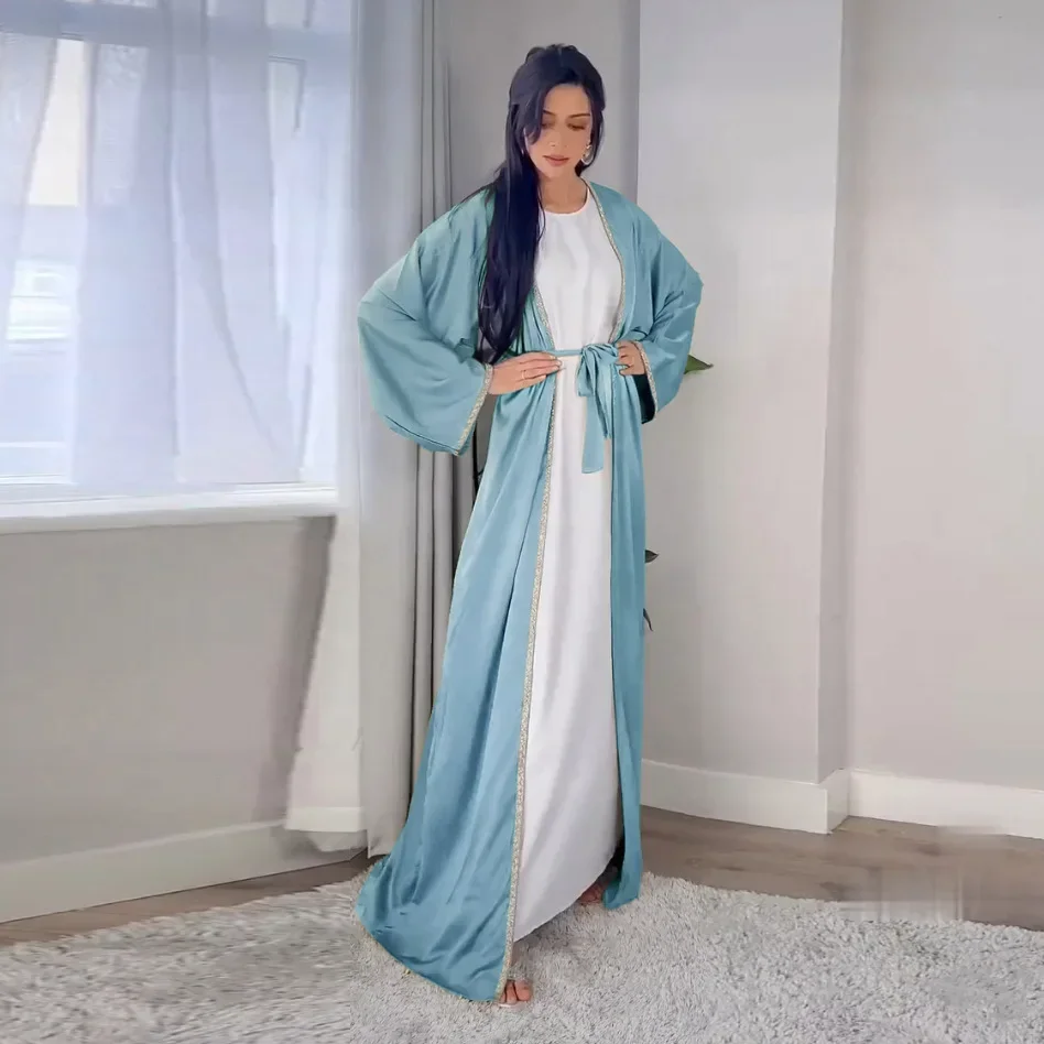 Satin Open Abaya Dubai Turkey Muslim Modest Dress for Women Rhinestone Moroccan Kaftan Robe Islam Outwear Kimono Femme Musulmane Satin Open Abaya Dubai Turkey Muslim Modest Dress for Women Rhinestone Moroccan Kaftan Robe Islam Outwear Kimono Femme Musulmane