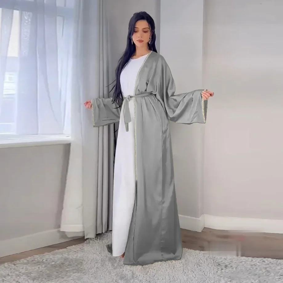 Satin Open Abaya Dubai Turkey Muslim Modest Dress for Women Rhinestone Moroccan Kaftan Robe Islam Outwear Kimono Femme Musulmane Satin Open Abaya Dubai Turkey Muslim Modest Dress for Women Rhinestone Moroccan Kaftan Robe Islam Outwear Kimono Femme Musulmane