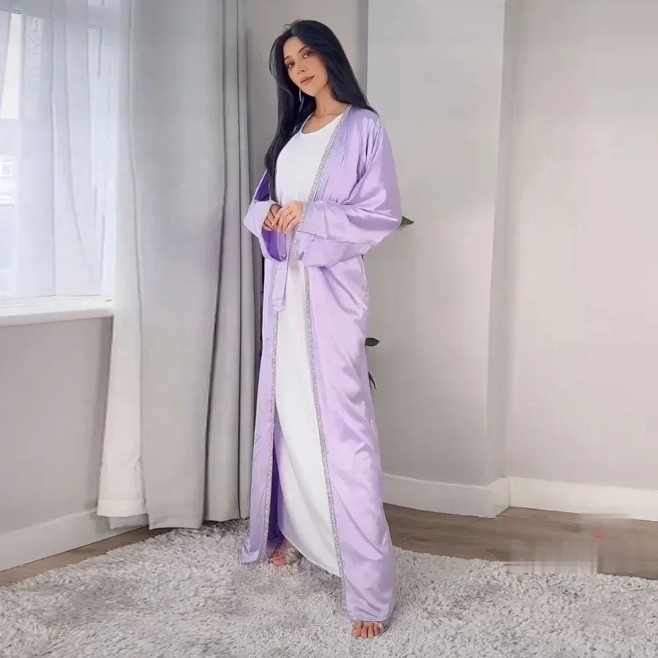 Satin Open Abaya Dubai Turkey Muslim Modest Dress for Women Rhinestone Moroccan Kaftan Robe Islam Outwear Kimono Femme Musulmane Satin Open Abaya Dubai Turkey Muslim Modest Dress for Women Rhinestone Moroccan Kaftan Robe Islam Outwear Kimono Femme Musulmane