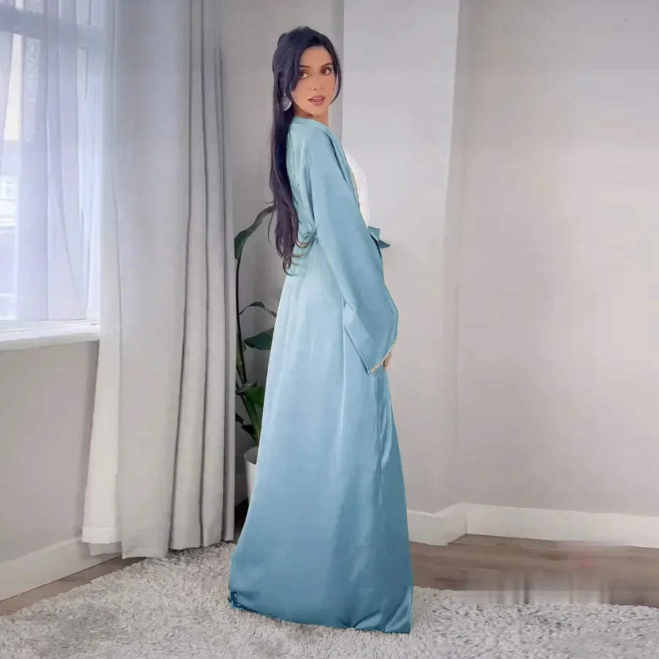 Satin Open Abaya Dubai Turkey Muslim Modest Dress for Women Rhinestone Moroccan Kaftan Robe Islam Outwear Kimono Femme Musulmane Satin Open Abaya Dubai Turkey Muslim Modest Dress for Women Rhinestone Moroccan Kaftan Robe Islam Outwear Kimono Femme Musulmane