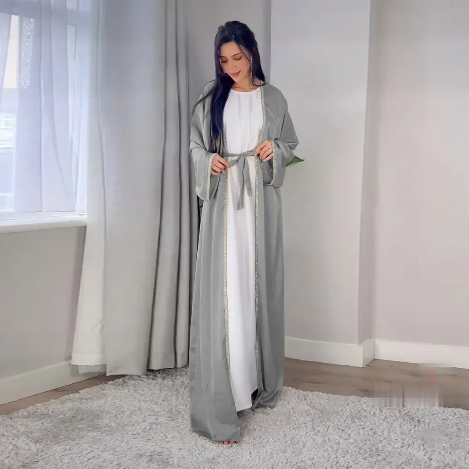 Satin Open Abaya Dubai Turkey Muslim Modest Dress for Women Rhinestone Moroccan Kaftan Robe Islam Outwear Kimono Femme Musulmane Satin Open Abaya Dubai Turkey Muslim Modest Dress for Women Rhinestone Moroccan Kaftan Robe Islam Outwear Kimono Femme Musulmane