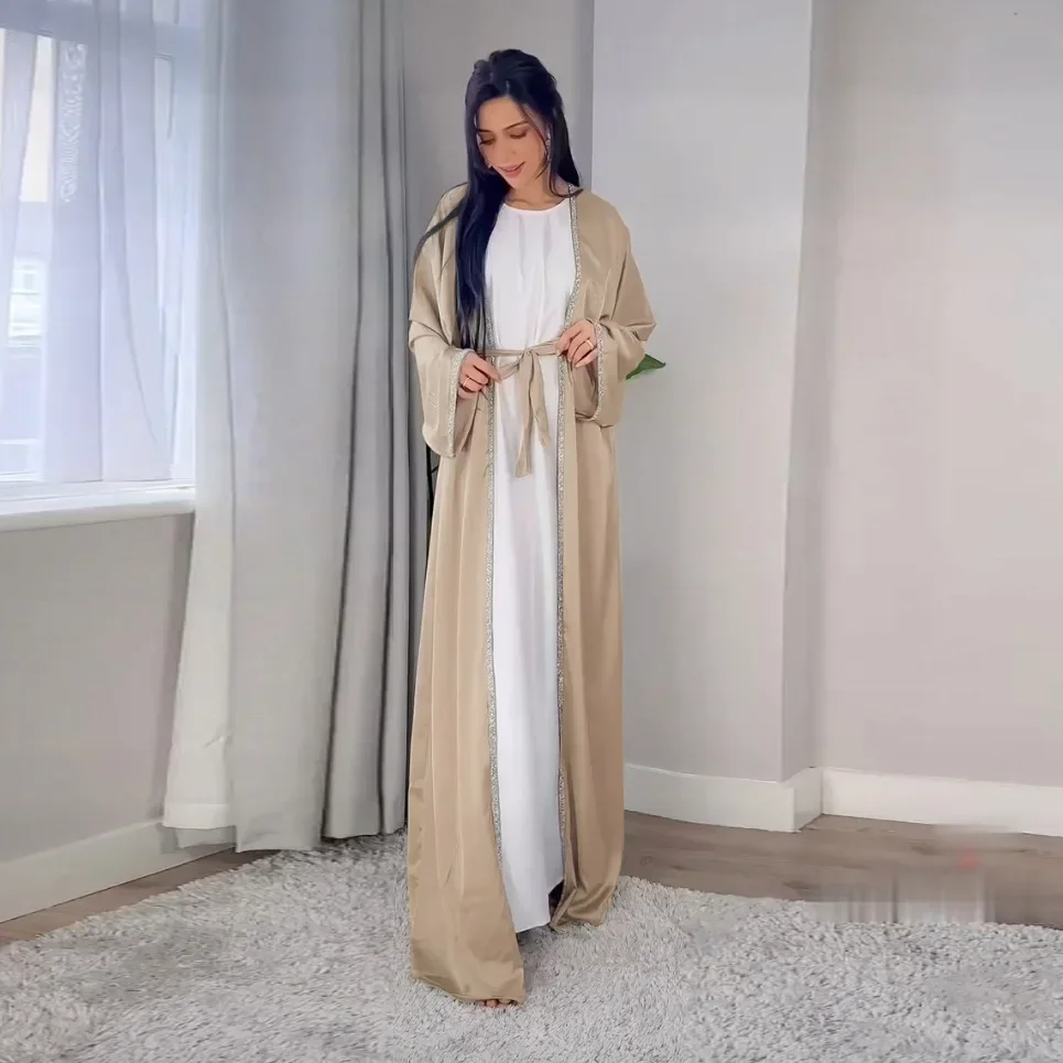Satin Open Abaya Dubai Turkey Muslim Modest Dress for Women Rhinestone Moroccan Kaftan Robe Islam Outwear Kimono Femme Musulmane Satin Open Abaya Dubai Turkey Muslim Modest Dress for Women Rhinestone Moroccan Kaftan Robe Islam Outwear Kimono Femme Musulmane