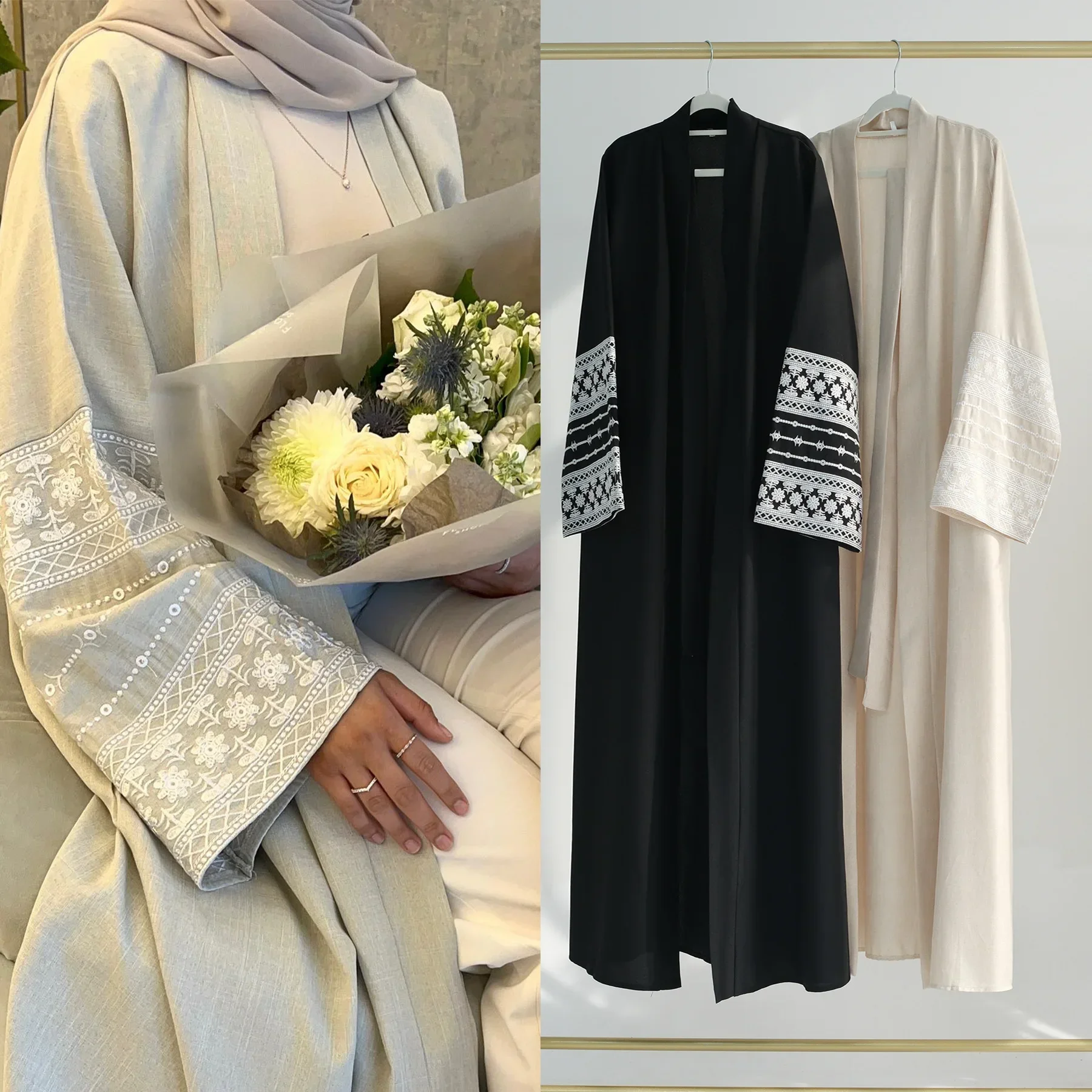 Embroidered Sleeve Linen Open Abaya Luxury Dubai Turkey Kimono Muslim Dress Abayas for Women Ramadan Islam Clothes Kaftan Robe
