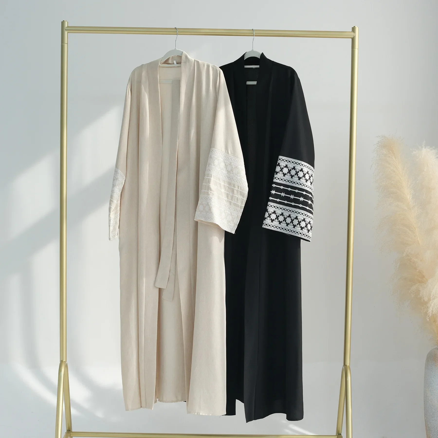 Embroidered Sleeve Linen Open Abaya Luxury Dubai Turkey Kimono Muslim Dress Abayas for Women Ramadan Islam Clothes Kaftan Robe